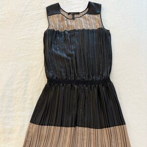 BCBGMaxAzria Black and Beige Pleated Sleeveless Midi Dress